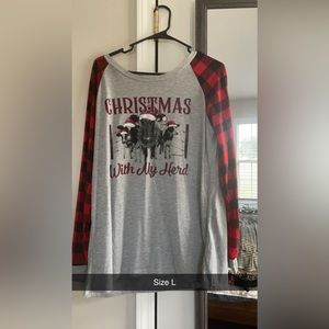 Southern Grace Christmas with my Herd red buffalo plaid long sleeve cow